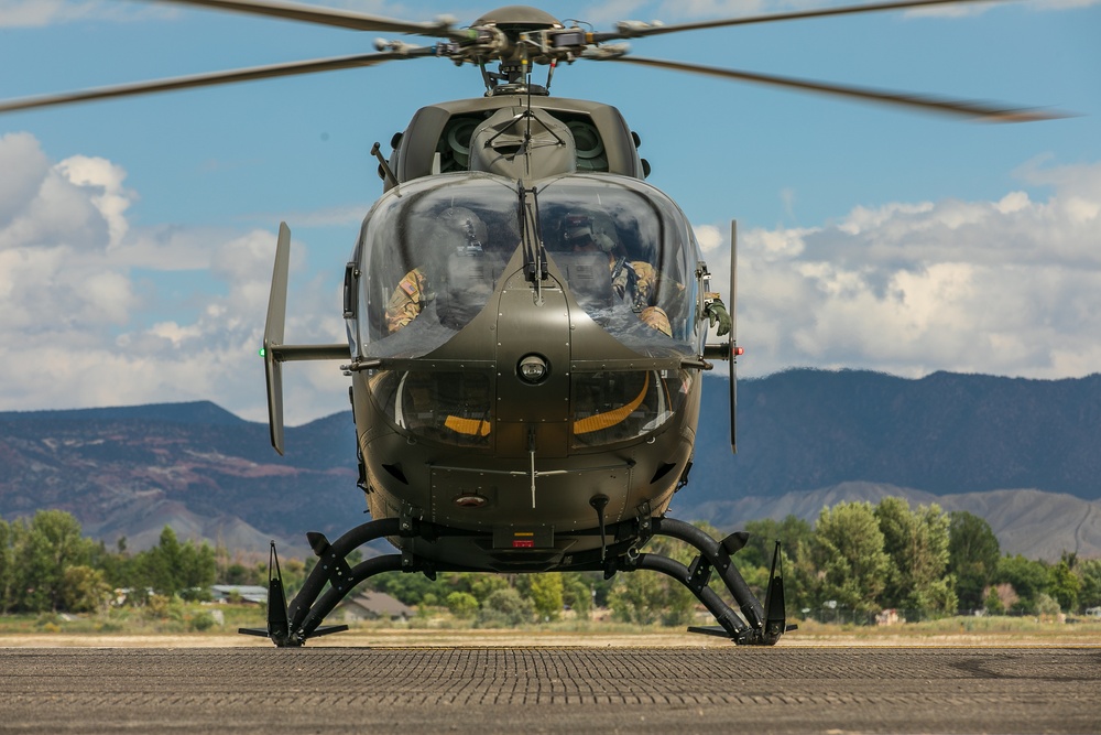 Helicopter prepares to take flight at Colorado aviation event