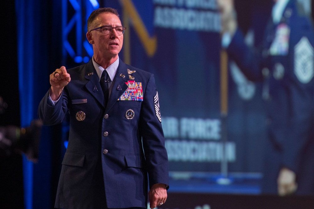 Chief Master Sergeant of the Space Force Roger A. Towberman speaks at the Air Force Association Air, Space and Cyber Conference