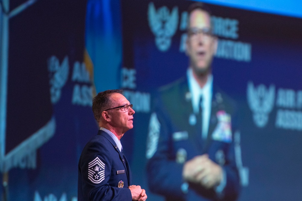 Chief Master Sergeant of the Space Force Roger A. Towberman speaks at the Air Force Association Air, Space and Cyber Conference