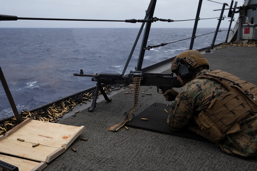 U.S. Marines and Sailors conduct machine gun training aboard USS John P. Murtha