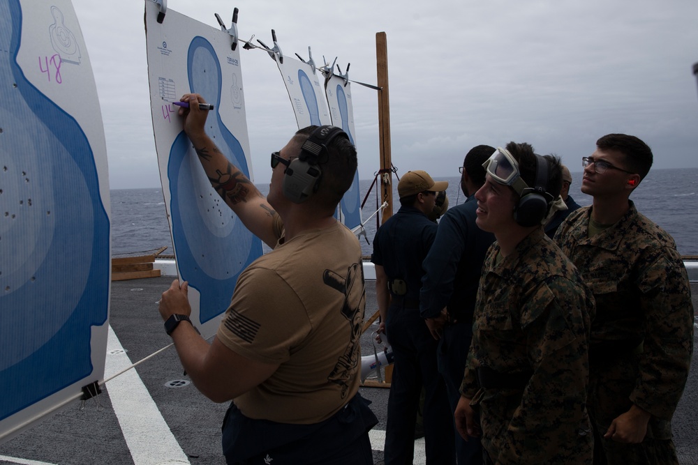 U.S. Marines and Sailors conduct M9 pistol training aboard USS John P. Murtha
