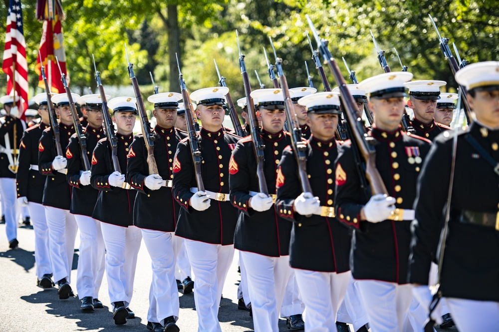 Military Funeral Honors with Funeral Escort are Conducted for U.S. Marine Corps Staff Sgt. Darin Hoover in Section 60 of Arlington National Cemetery