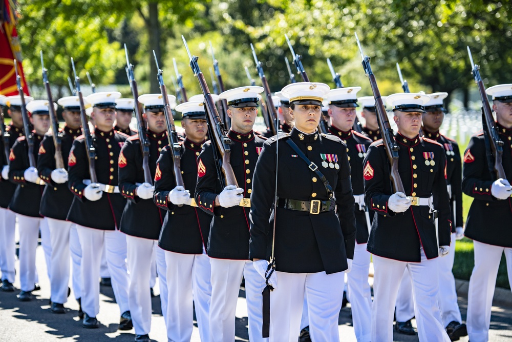 Military Funeral Honors with Funeral Escort are Conducted for U.S. Marine Corps Staff Sgt. Darin Hoover in Section 60 of Arlington National Cemetery