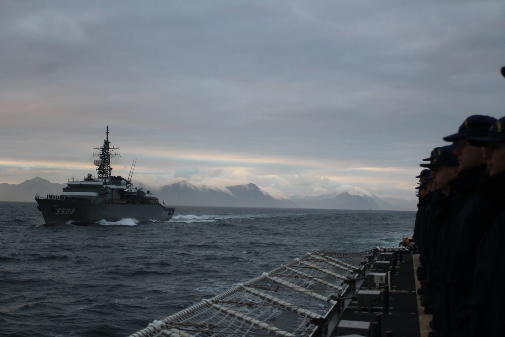CGC Kimball, Japanese Navy training vessel conduct at-sea exercise near Dutch Harbor, Alaska