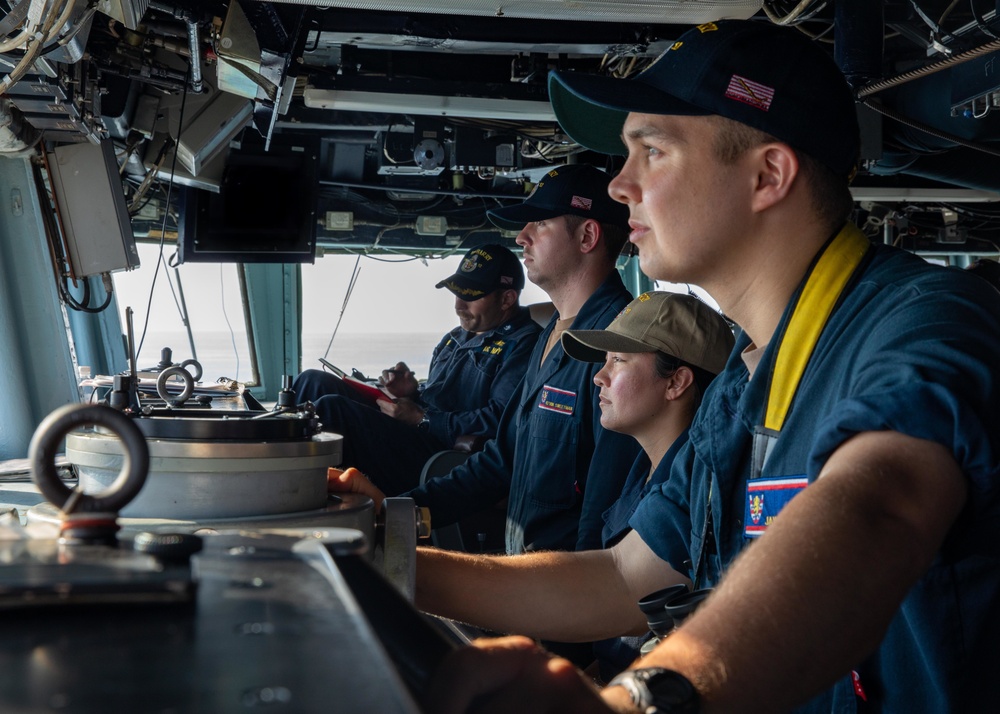 Sailors aboard USS Barry Stand Watch in the Pilot House