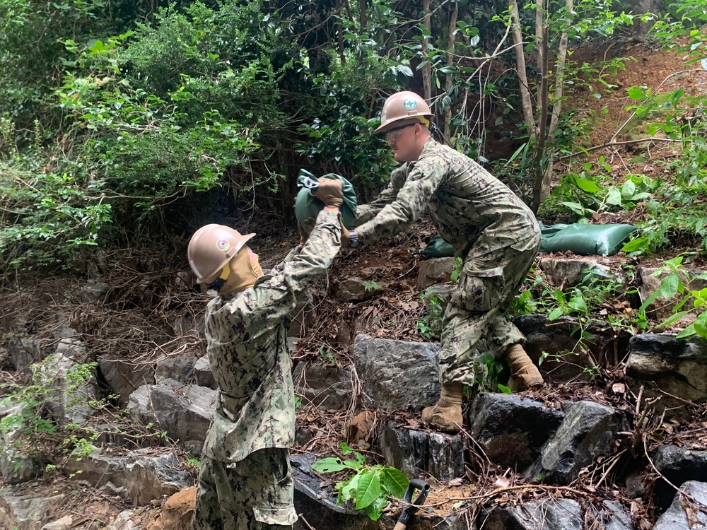 US Navy Seabees assigned NMCB-5 set Tropical Cyclone Conditions of Readiness onboard Commander, Fleet Activities Chinhae
