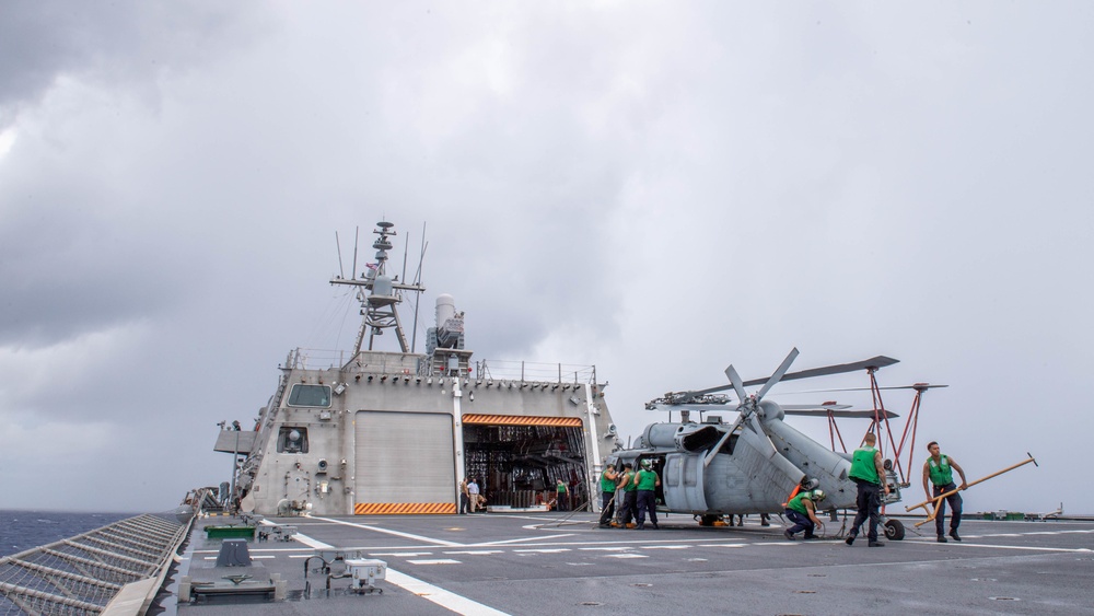 USS Charleston Sailors Secure MH-60S Seahawk Helicopter
