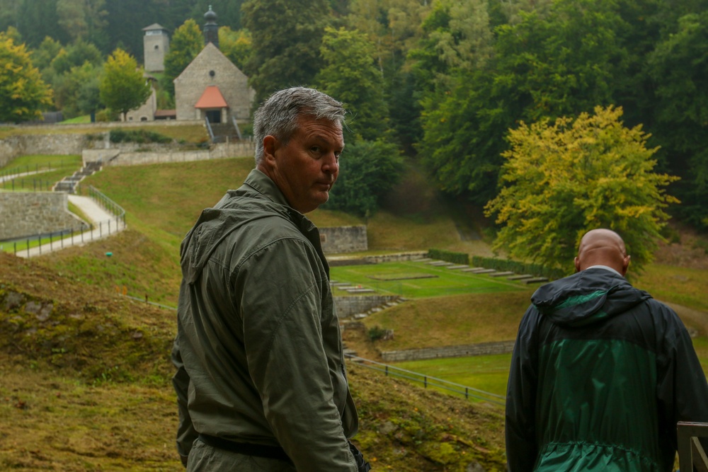 U.S. Army Soldiers and staff assigned to 7th Army Training Command tour the Flossenbuerg Concentration Camp Memorial Staff Ride