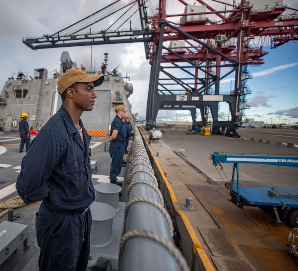 USS Billings Sailor Mans the Rails During Sea and Anchor Detail