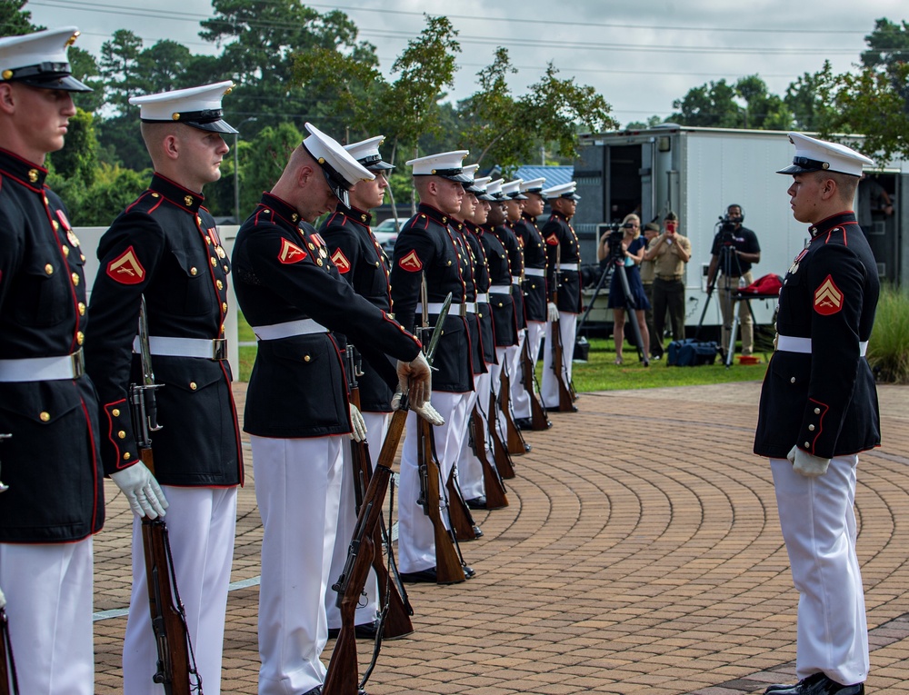 Marines with Silent Drill Platoon march during a performance at the 12th Montford Point Marine Day Ceremony