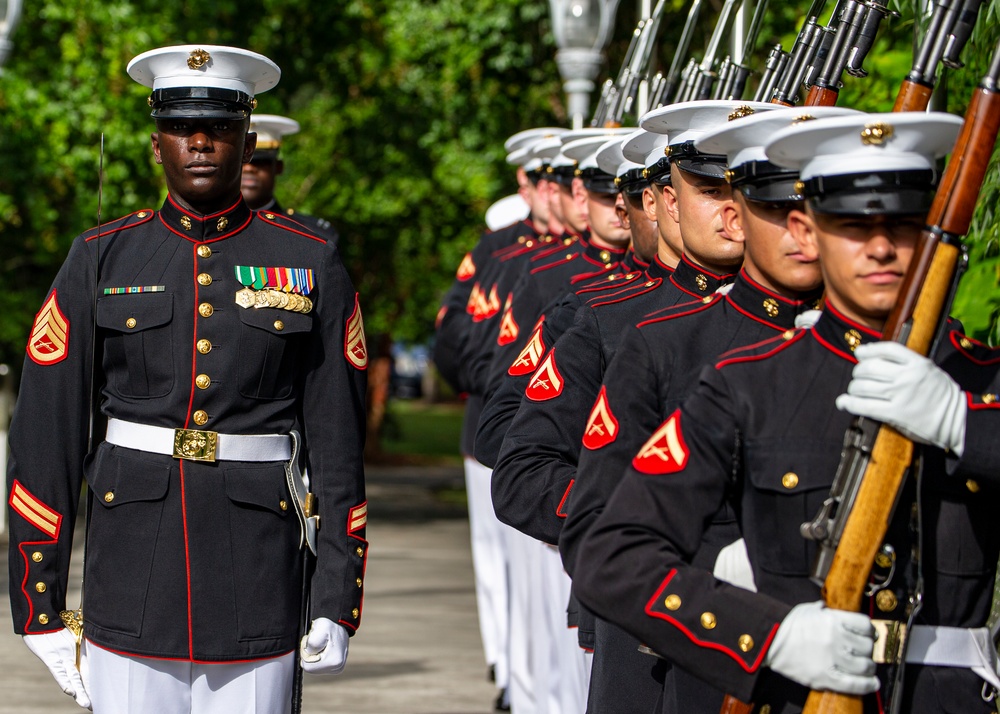 Marines with Silent Drill Platoon march during a performance at the 12th Montford Point Marine Day Ceremony