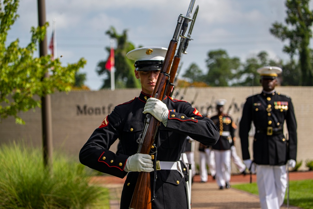 Marines with Silent Drill Platoon march during a performance at the 12th Montford Point Marine Day Ceremon