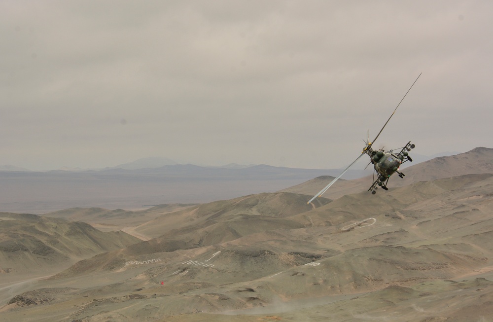 A Peruvian Helicopter Flies Overhead