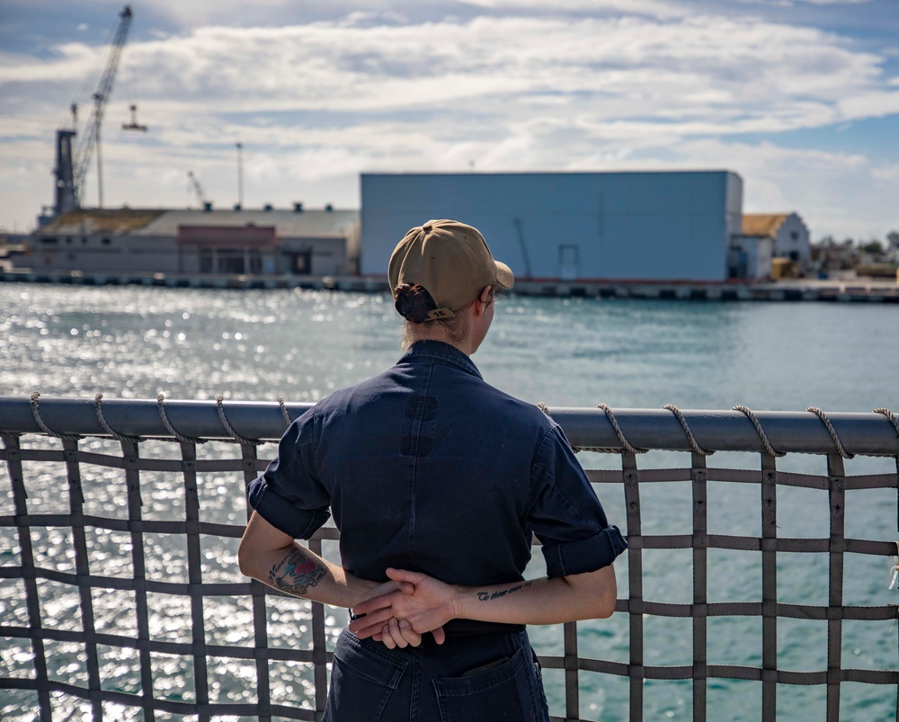 USS Billings Sailor Mans the Rails During Sea and Anchor Detail