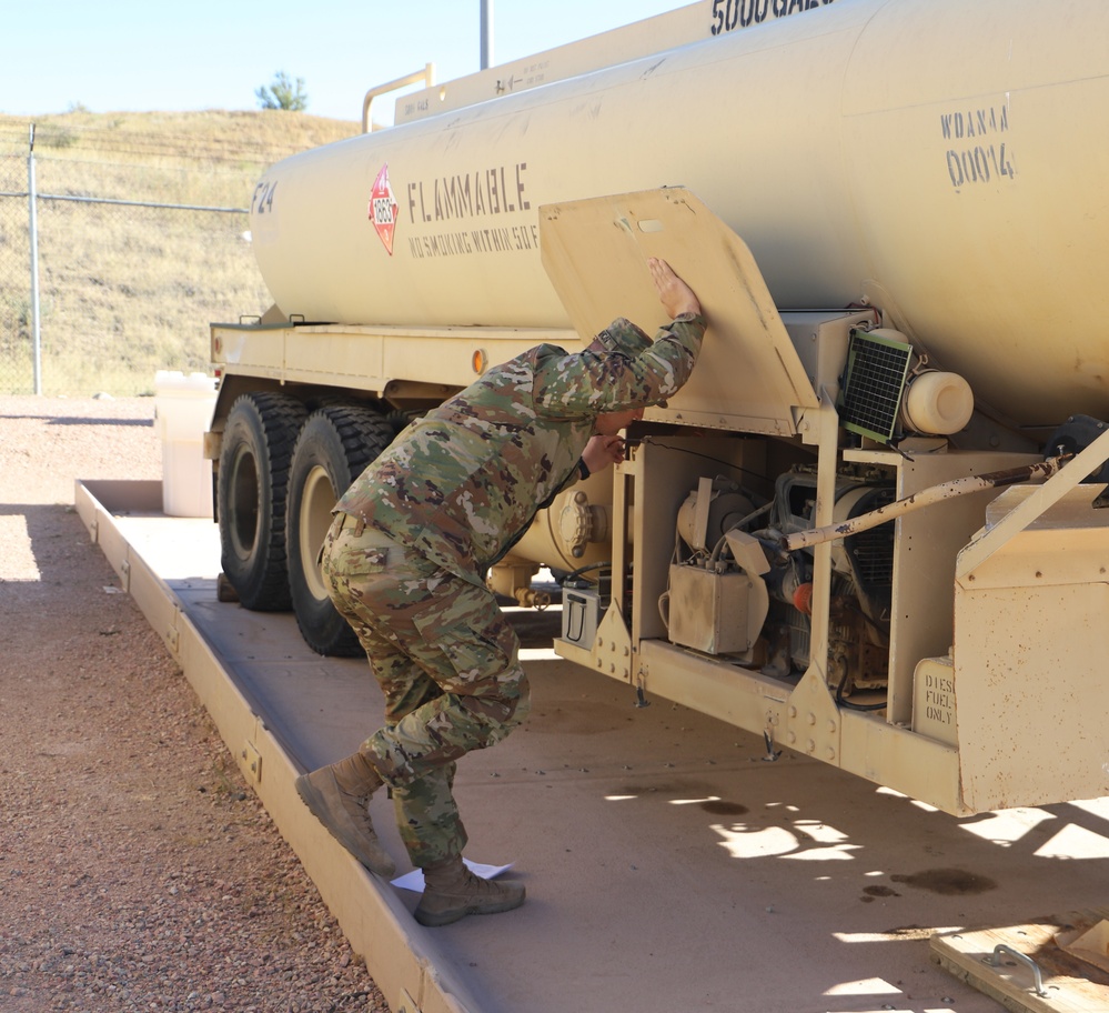 Soldier conducts PMCS of M969A2 fuel tanker 