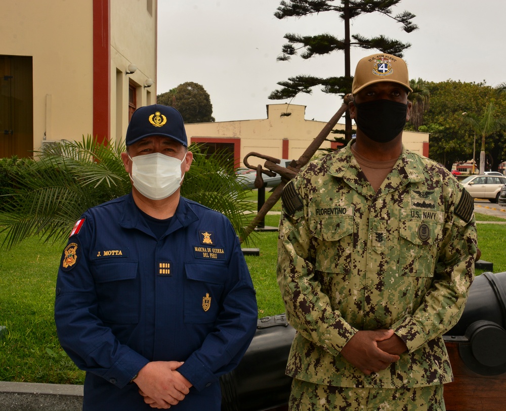 Command Master Chief Robert Florentino Poses for Photo with Peruvian Master Chief Petty Officer of the Navy Jesus Ezequiel Motta Martinez