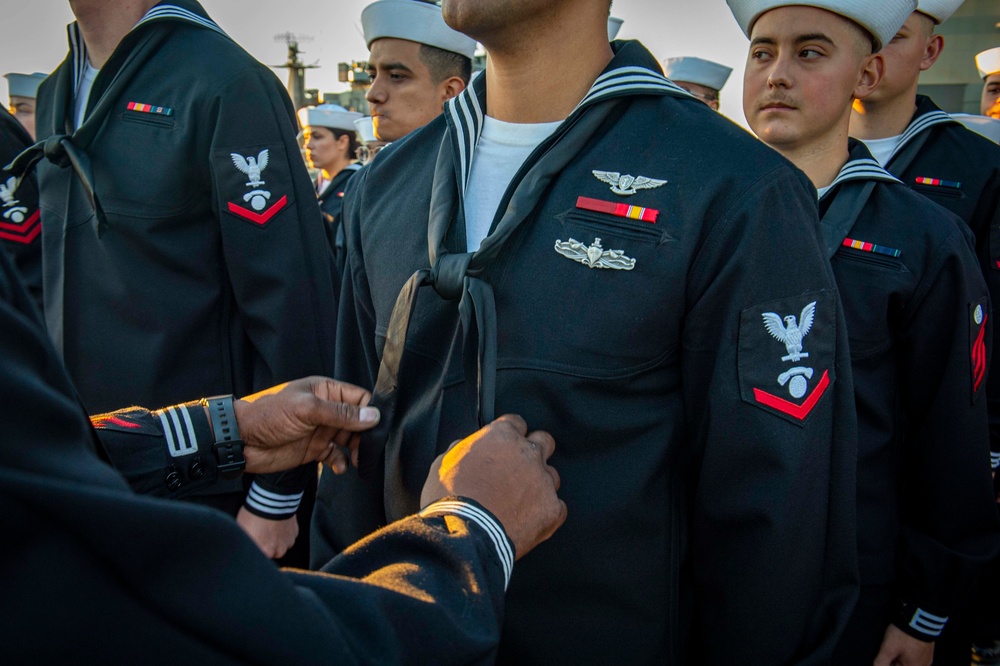 GHWB Sailors Conduct a Service Dress Blue Uniform Inspection