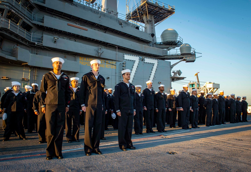 GHWB Sailors Conduct a Service Dress Blue Uniform Inspection