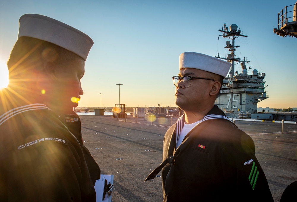 GHWB Sailors Conduct a Service Dress Blue Uniform Inspection