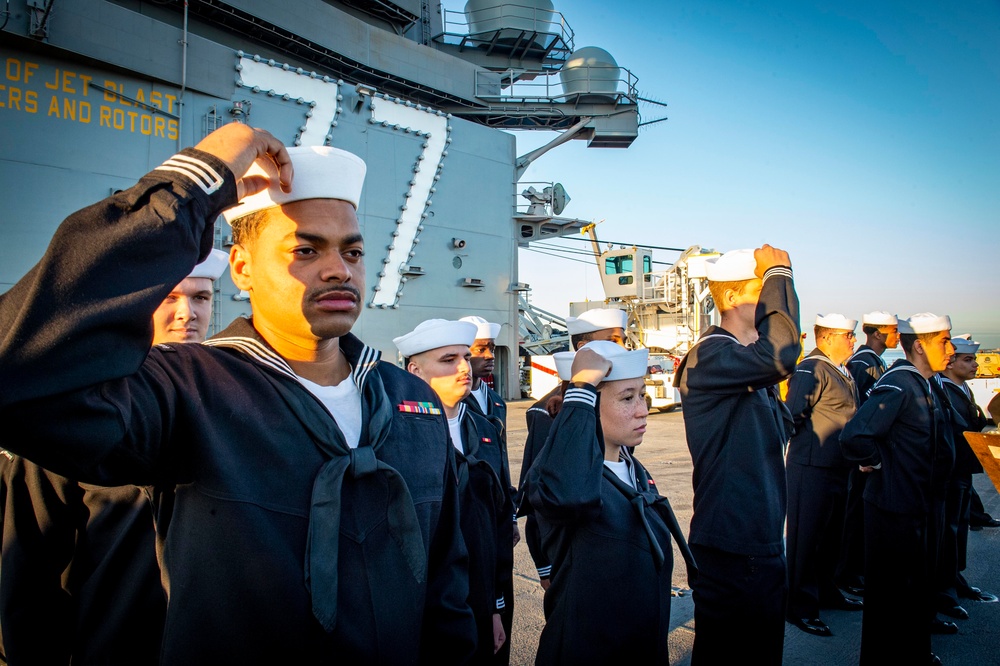 GHWB Sailors Conduct a Service Dress Blue Uniform Inspection