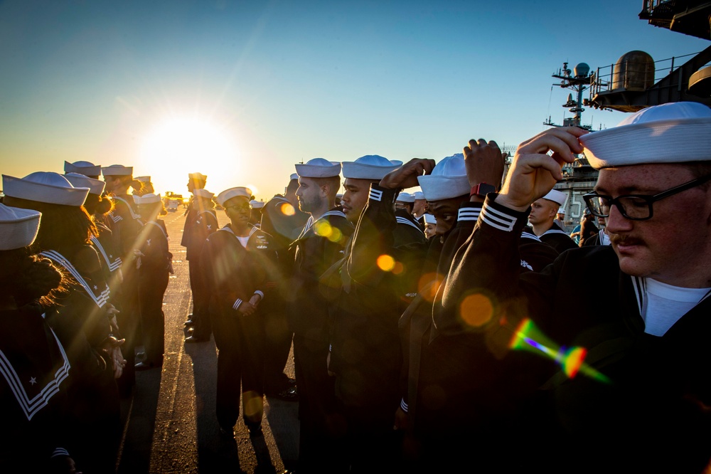 GHWB Sailors Conduct a Service Dress Blue Uniform Inspection