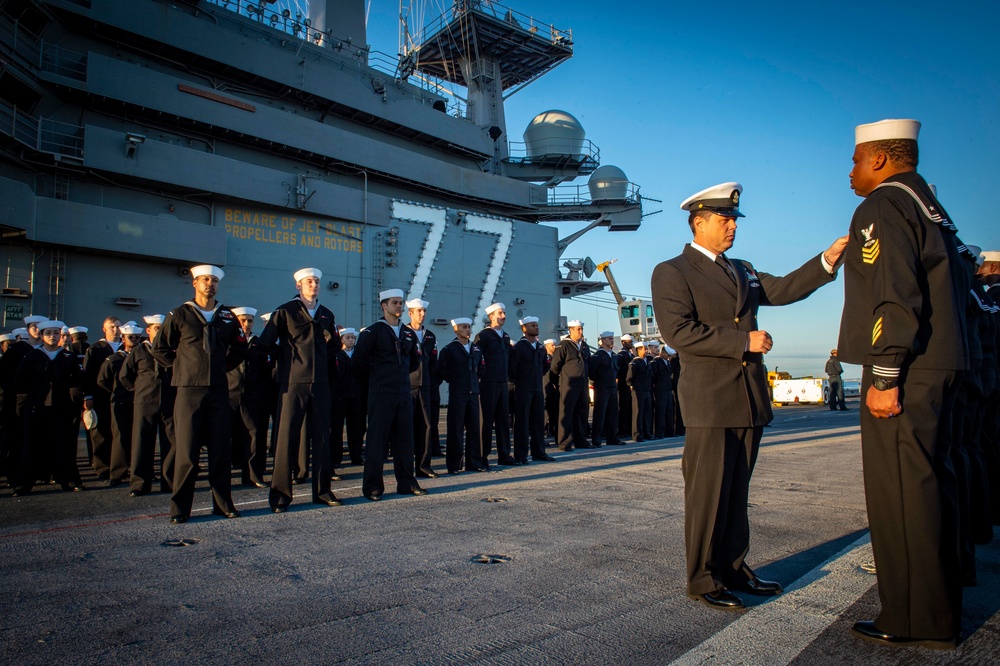 GHWB Sailors Conduct a Service Dress Blue Uniform Inspection