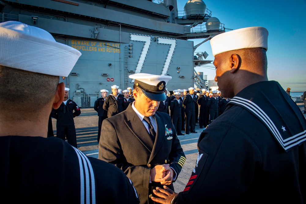 GHWB Sailors Conduct a Service Dress Blue Uniform Inspection