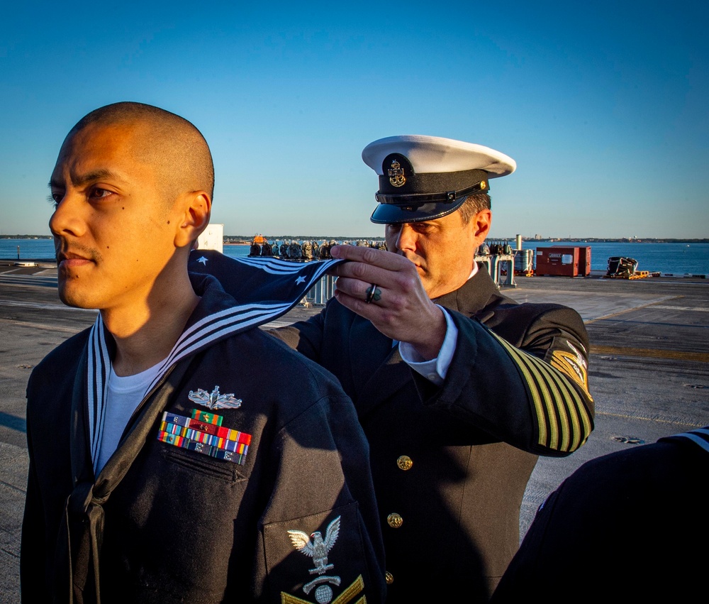 GHWB Sailors Conduct a Service Dress Blue Uniform Inspection