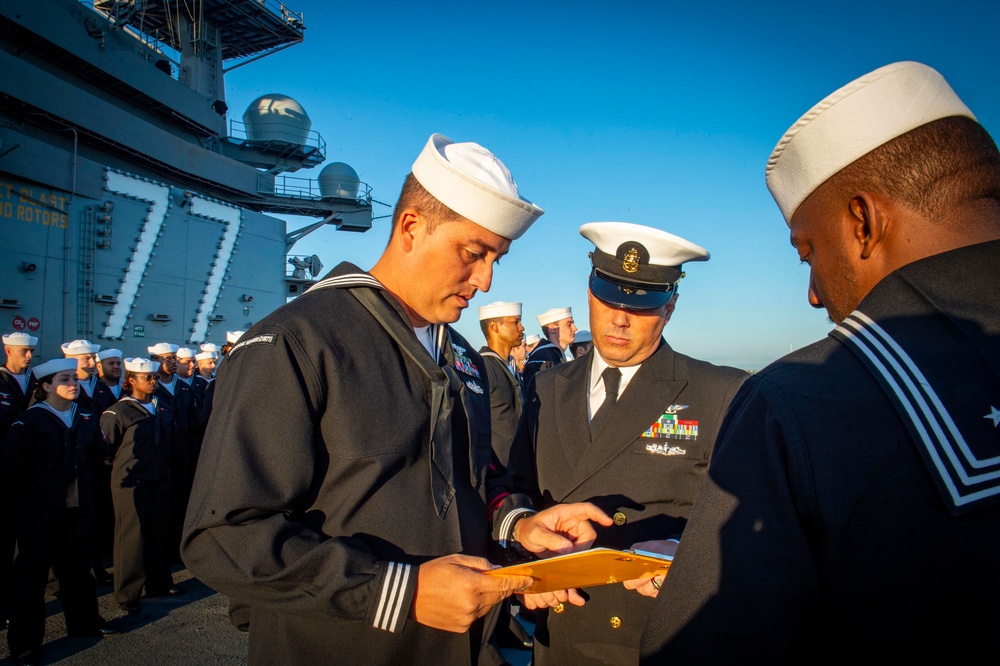 GHWB Sailors Conduct a Service Dress Blue Uniform Inspection