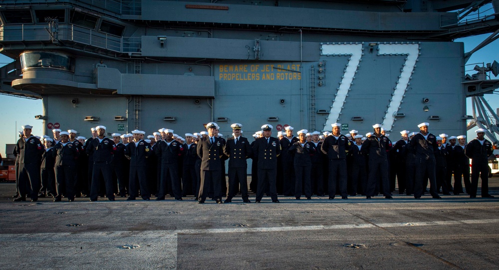 GHWB Sailors Conduct a Service Dress Blue Uniform Inspection