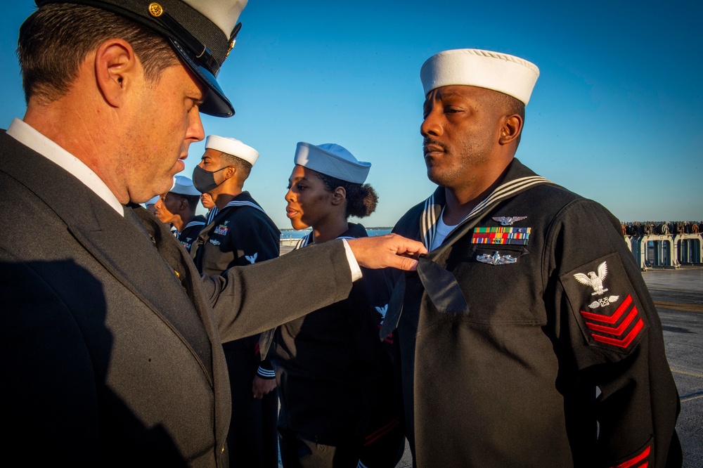 GHWB Sailors Conduct a Service Dress Blue Uniform Inspection