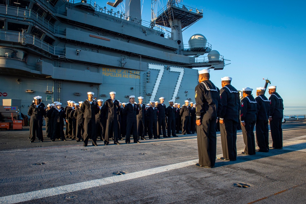 GHWB Sailors Conduct a Service Dress Blue Uniform Inspection