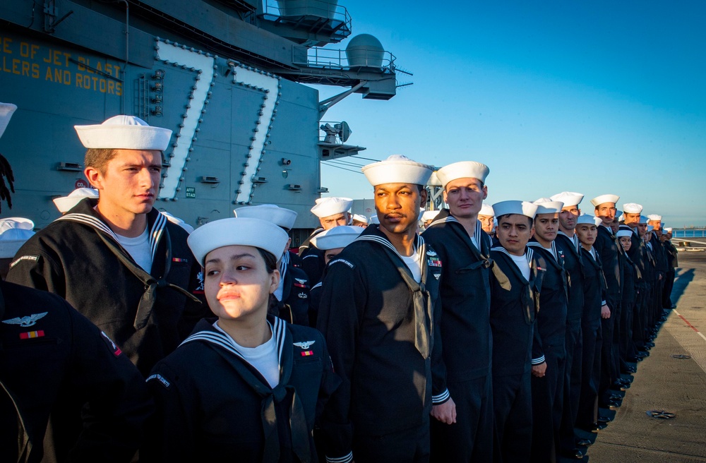 GHWB Sailors Conduct a Service Dress Blue Uniform Inspection