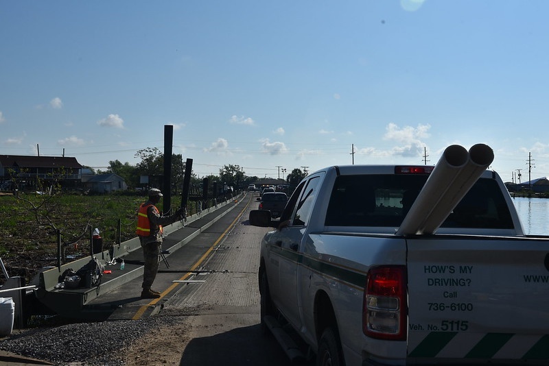 Civilian Traffic Enters the 2225th's Improved Bridge at LaFitte