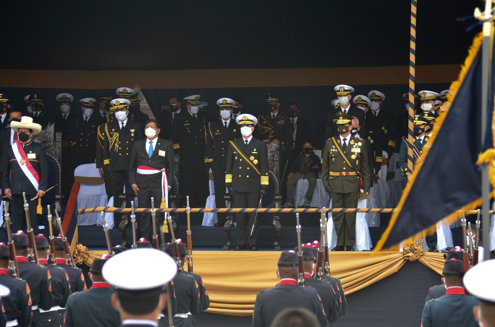 RADM Jim Aiken watches Parade of Peruvian Military