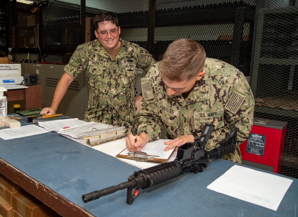 U.S. Navy Seabees with NMCB-5 conduct 3-M spot check