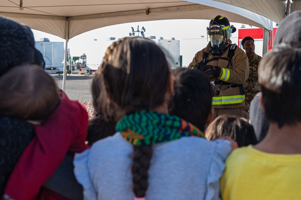 Task Force Holloman firefighters demonstrate fire safety for Afghan children