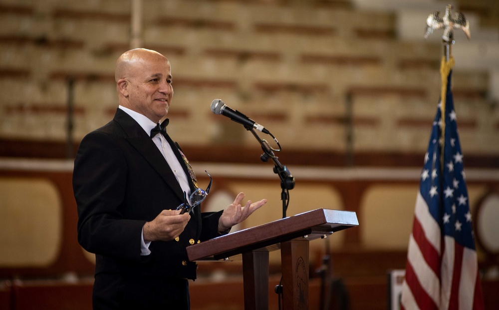 MCPON Russell Smith speaks at Naval Station Rota's Navy Ball commemorating the 246th Navy Birthday