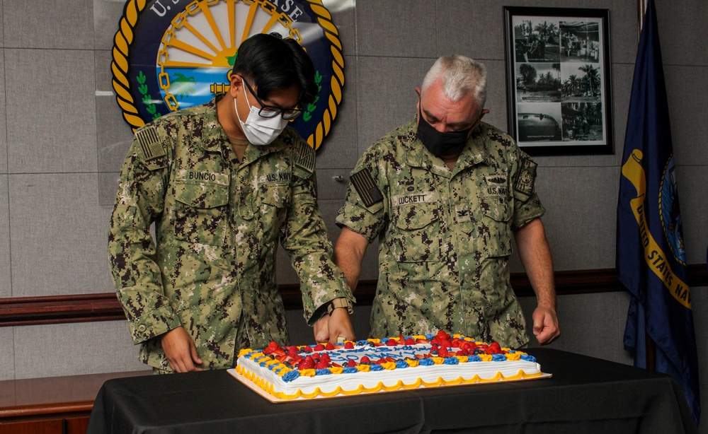 Sailors, Personnel at Naval Base Guam Celebrate Navy Birthday with Cake Cutting Ceremony