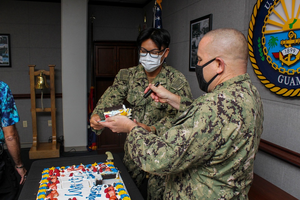Sailors, Personnel at Naval Base Guam Celebrate Navy Birthday with Cake Cutting Ceremony