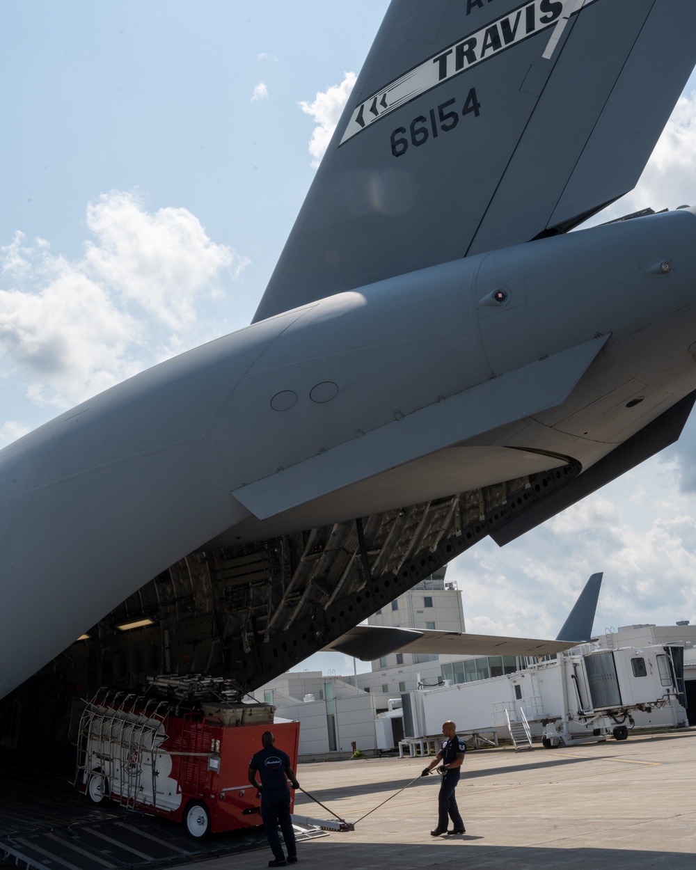 Thunderbirds unload cargo after arriving in Binghamton