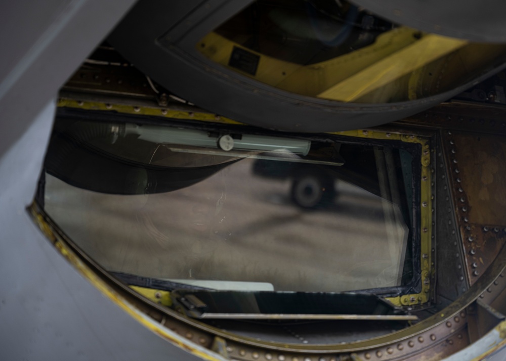 100th Aircraft Maintenance Squadron crew chief performs maintenance on a KC-135 boom.