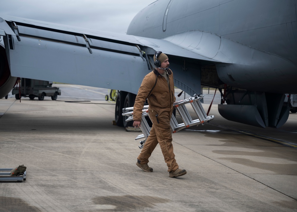 100th Aircraft Maintenance Squadron crew chief performs maintenance on a KC-135 boom.