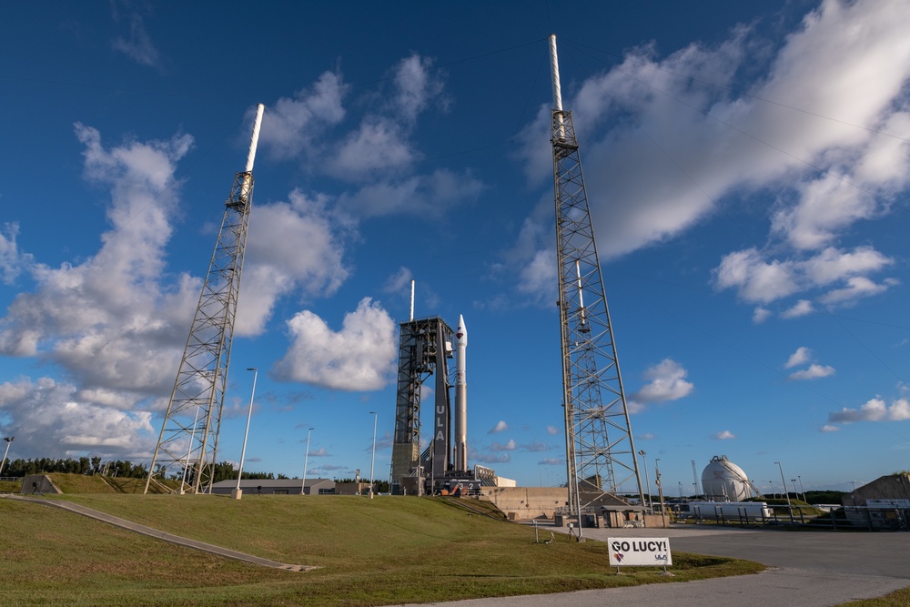 Atlas V rocket stands upright on launchpad for Lucy mission