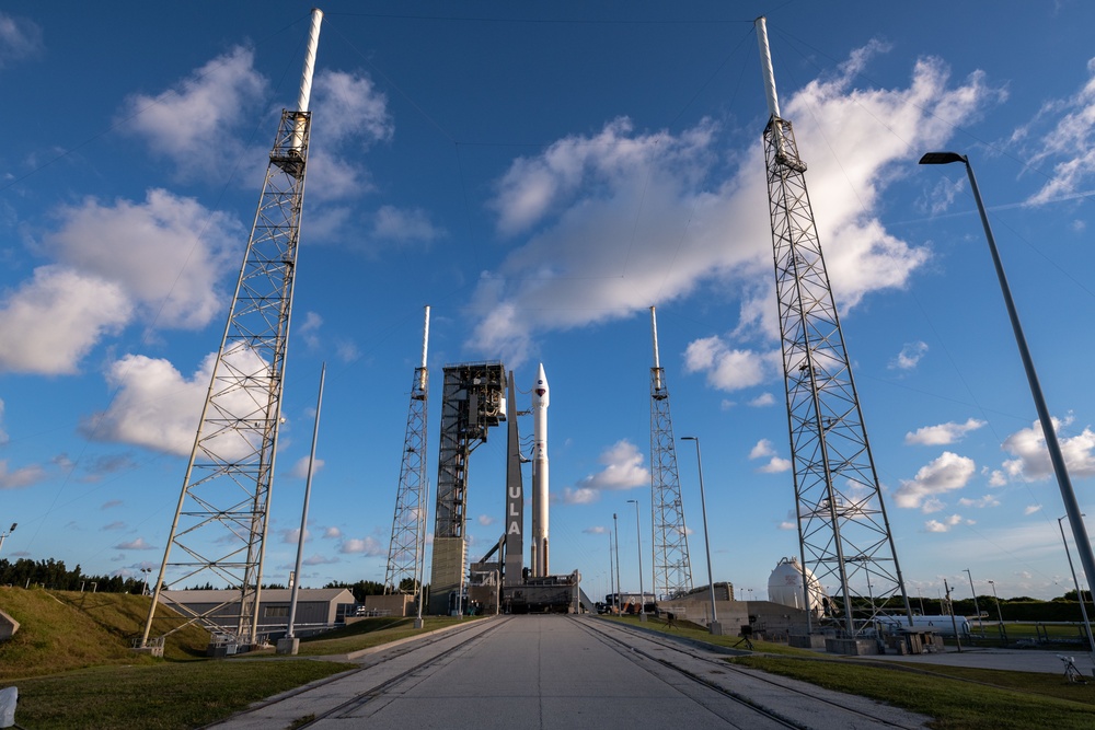 Atlas V rocket stands upright on launchpad for Lucy mission