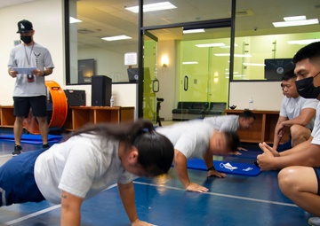 Guam's 624th Regional Support Group members participate in FY22 Fit to Fight Program at the Coral Reef Fitness Center, Andersen Air Force Base, Oct. 16, 2021.