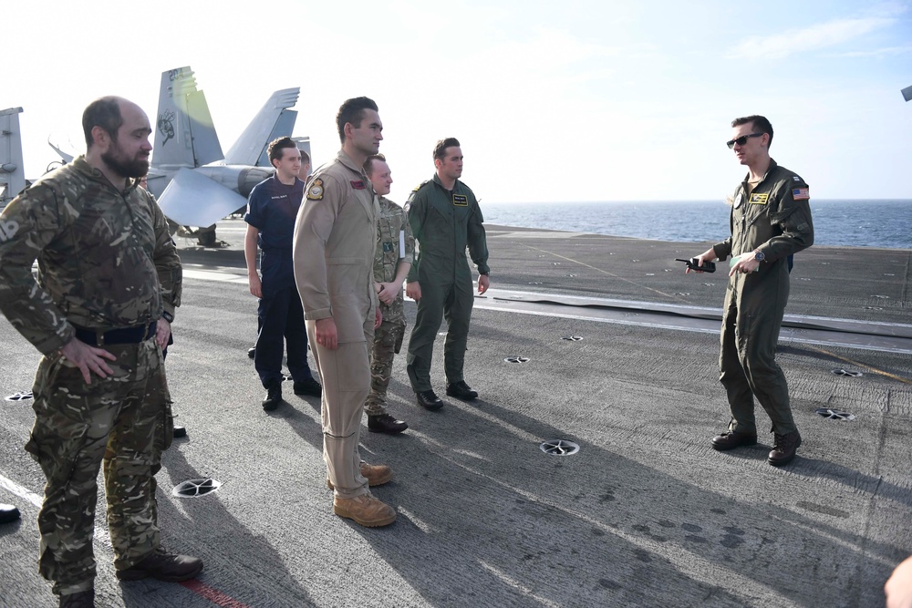 Sailors from U.K. Carrier Strike Group 21 tour USS Carl Vinson (CVN 70) as part of MPX 2021