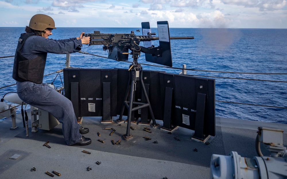USS Billings Sailor Fires a .50-Caliber Machine Gun During a Live-Fire Phase