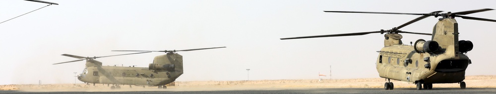Chinook helicopters from C Co, 1-171 Aviation Regiment land at Camp Buehring