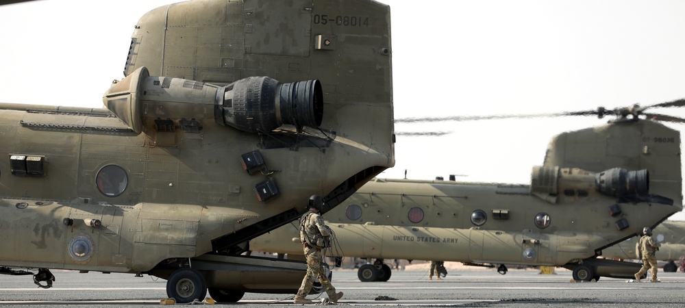 Chinook helicopters from C Co, 1-171 Aviation Regiment land at Camp Buehring